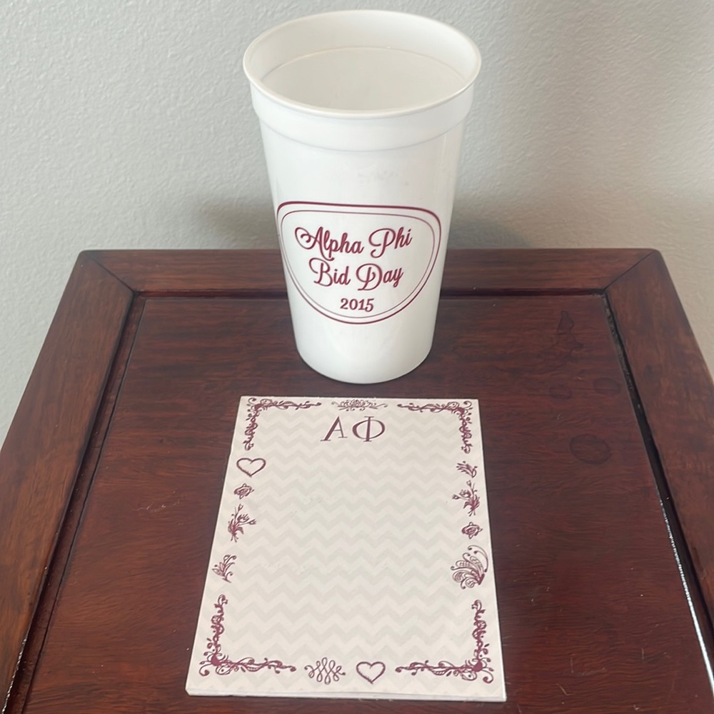 Alpha Phi sorority bid day pin cup notepad white bundle of 3 gifts